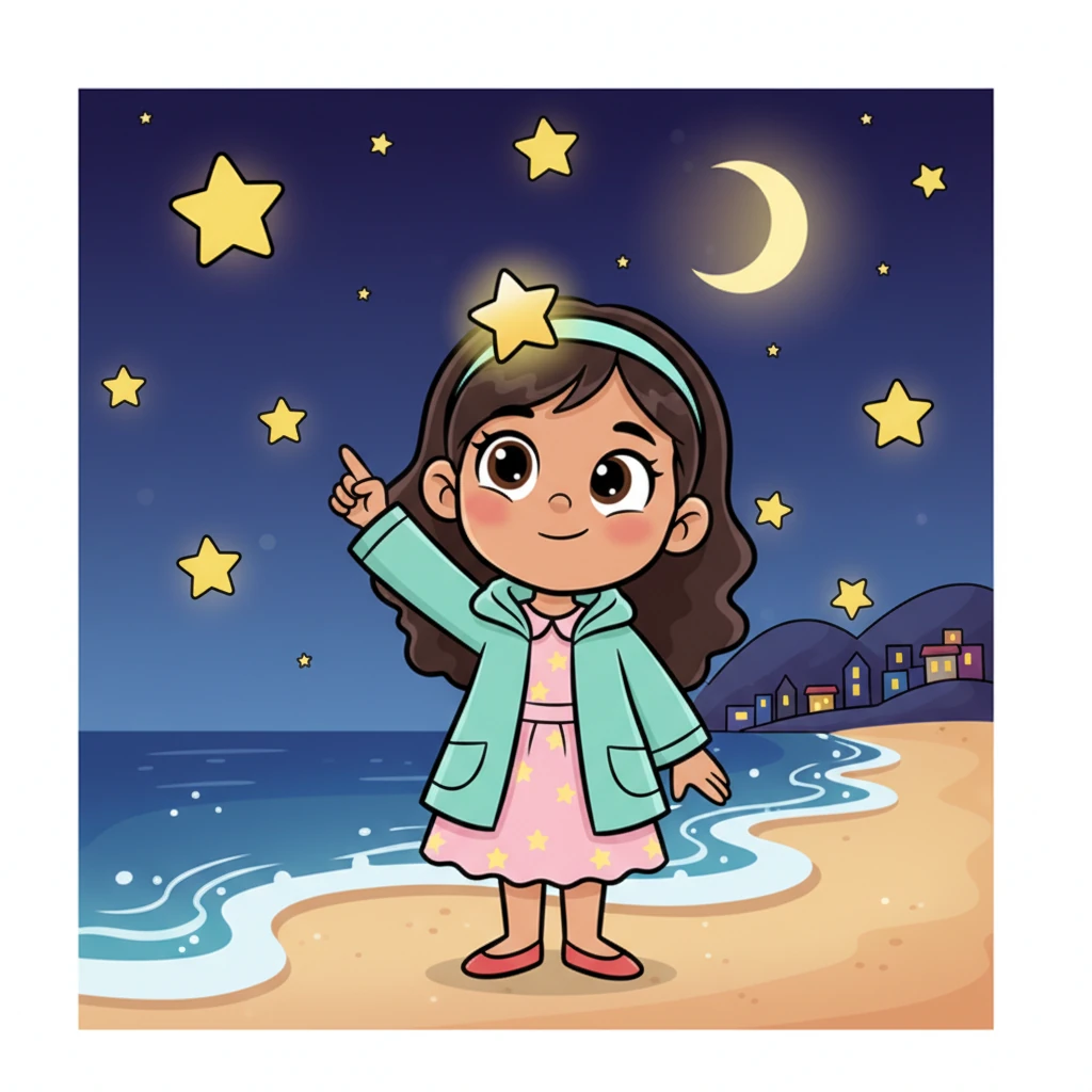 Layla gazes at the night sky from her village by the sea. She has a dreamy, thoughtful expression as she points up, surrounded by twinkling stars and a soft crescent moon. The waves gently lap the shore behind her, creating a peaceful scene.