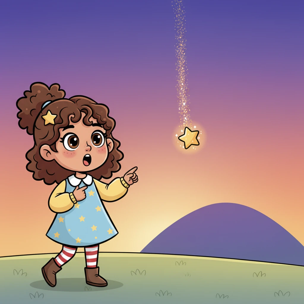 Layla's eyes are wide with astonishment as a small, glowing star slowly descends from the sky. It leaves a sparkling trail as it falls towards a distant, rounded hill silhouetted against the vibrant twilight. She gasps, knowing she must help.