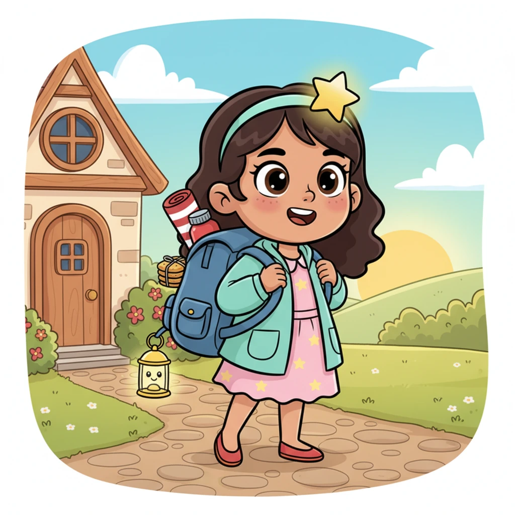The next morning, Layla, with a determined smile, straps on a slightly oversized backpack. Her water bottle, biscuits, a small blanket, and a cheerful lantern are visible, ready for her big adventure. She looks excited and ready to go, telling her mom she'll be back soon.