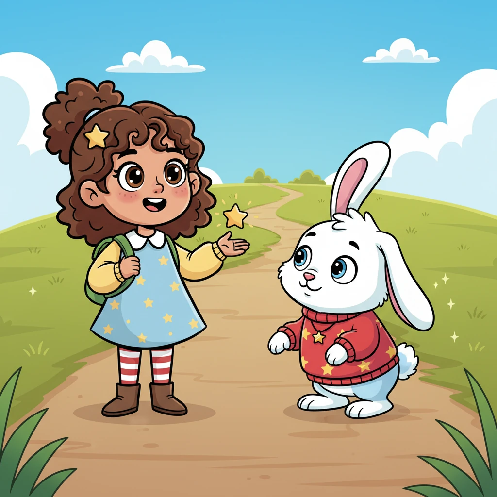 Layla, with her backpack, meets a fluffy white rabbit on a winding path leading up the hill. She earnestly explains her mission to the rabbit, who has a comically skeptical expression, one ear comically flopped down in disbelief. Despite his doubts, the rabbit decides to join her.