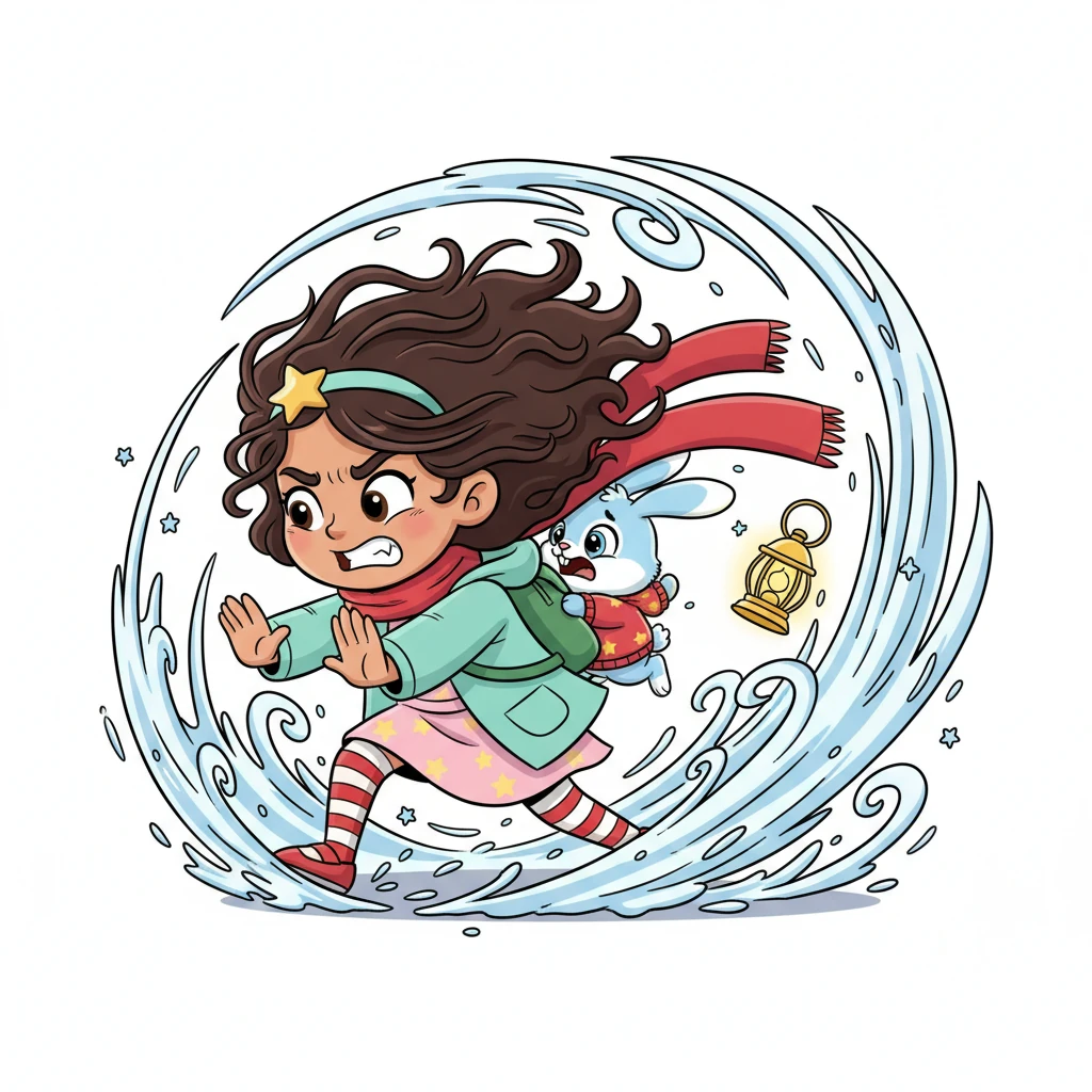 Layla and the rabbit bravely push forward against a gust of strong, swirling wind. Layla's hair and scarf fly dramatically, while the rabbit clings to her backpack, both showing a mix of fear and determination. Her lantern is seen tumbling away in the background, but Layla refuses to turn back.