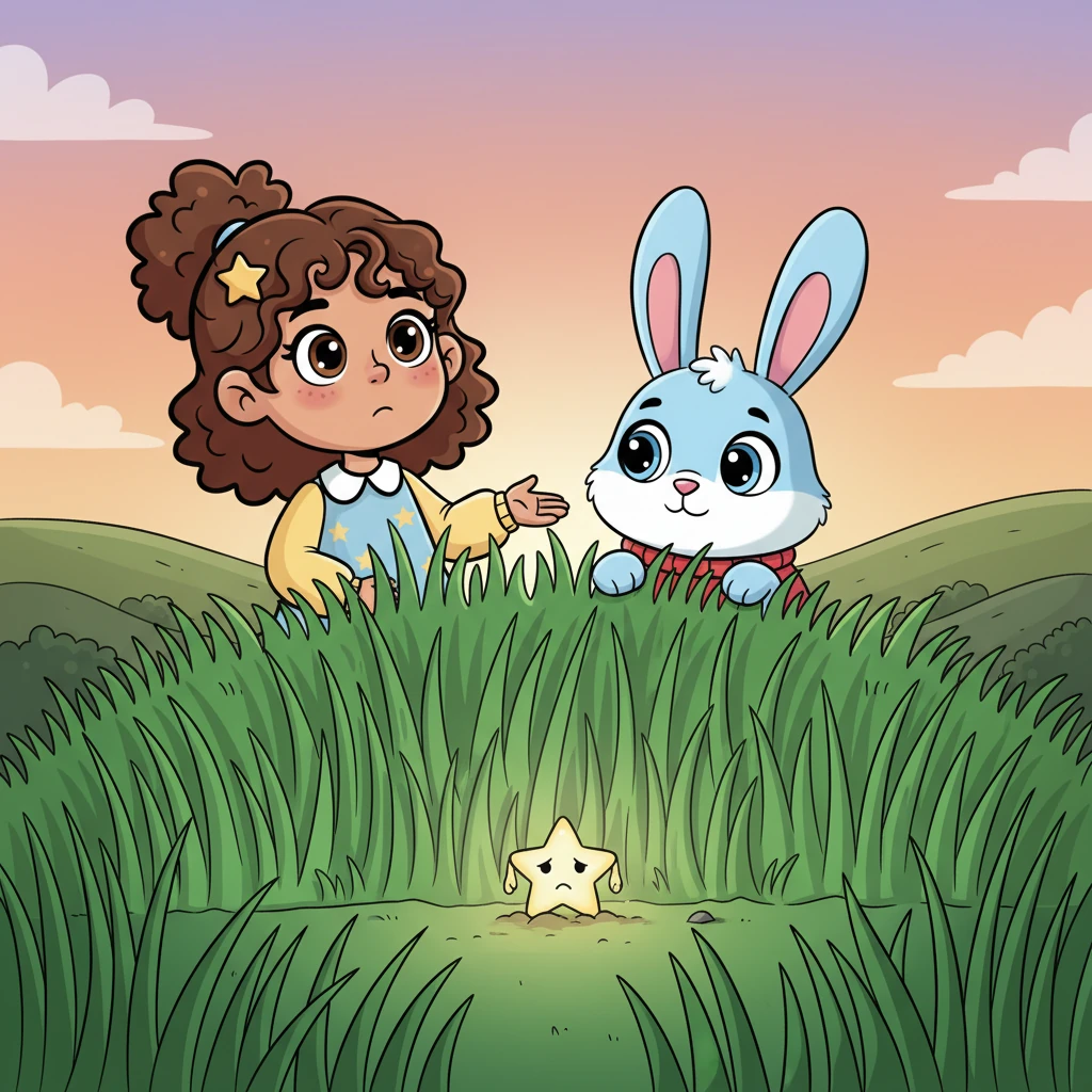 Behind the large hill, Layla and the rabbit cautiously peek through tall, vibrant green grass. They see a small, faintly glowing star nestled amongst the blades, looking a little sad and dim. Its light is soft and melancholic, confirming Layla's hunch.