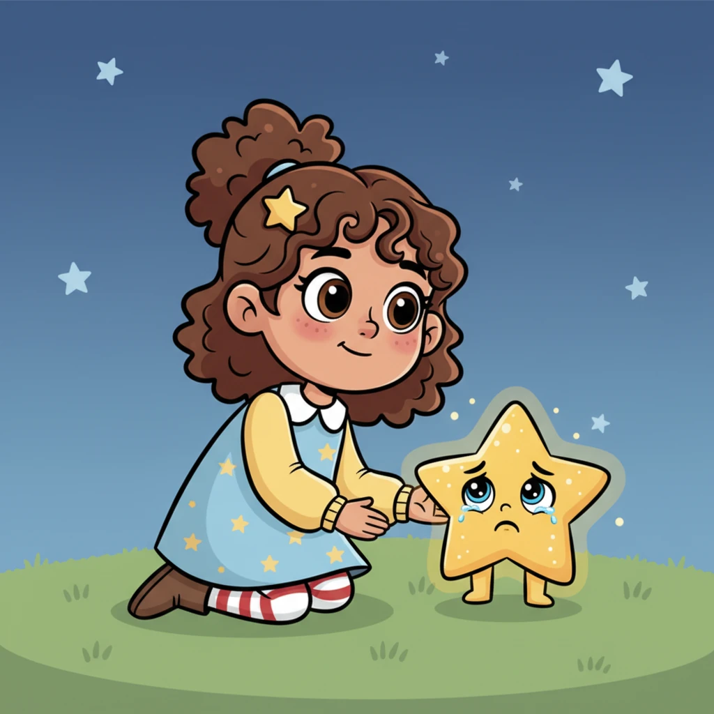 Layla kneels gently beside the little star, her face full of compassion. The star has expressive, downturned eyes, and its faint glow suggests its sadness as it weakly explains that it is lost and can't find its way back to the sky. Layla promises to help.