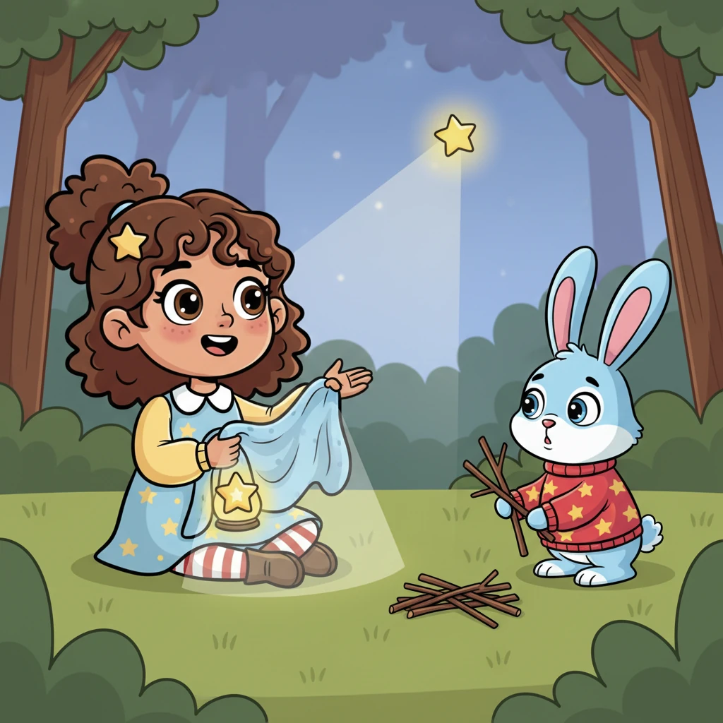 Layla sits with a spark of an idea, her face lighting up with a clever thought. She gestures excitedly to the rabbit, who is busily gathering small sticks. Layla holds her blanket and the remaining lantern, combining them to create a bigger, brighter light, hoping to guide the star home.