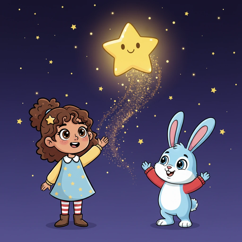 The little star, now glowing brilliantly, begins to float upwards, leaving a magnificent trail of sparkles. Layla and the rabbit wave goodbye with joyful expressions, watching it ascend towards the vast, starry night sky. The star has a wide, happy smile, thanking Layla for her courage.