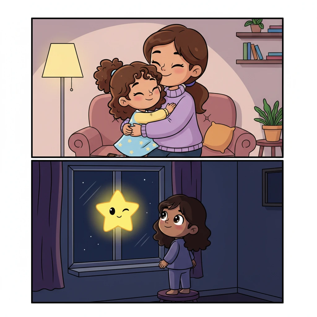Layla is back home, nestled in a warm hug from her loving mother, who smiles down at her. Later that night, Layla stands by her window, looking up at the brightest star in the sky, which winks playfully down at her. She smiles, feeling proud and content, knowing she made a difference.