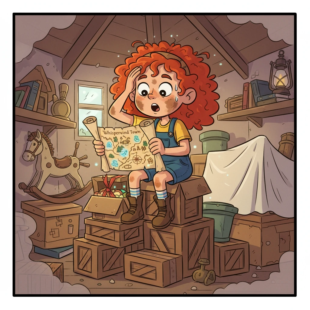 Lily, a bright-eyed girl with a mop of fiery red hair, perched on a stack of dusty boxes in her grandmother's attic. She wiped sweat from her brow as she unearthed an old, rolled-up parchment tied with a faded ribbon. Unfurling it, she gasped at the intricate, hand-drawn map of Whisperwind Town, adorned with strange, glowing symbols she'd never seen before.