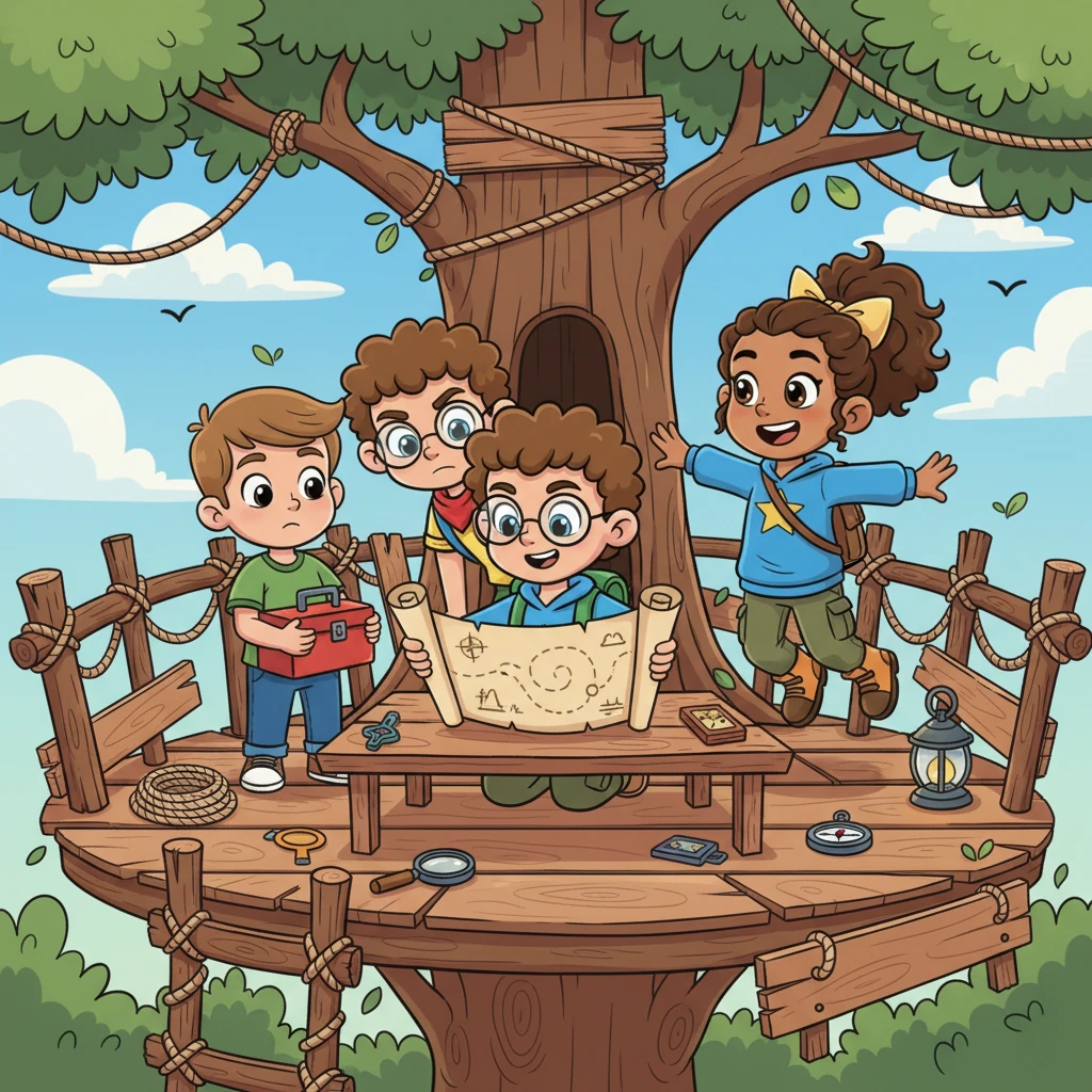 At their rickety treehouse clubhouse, Lily spread the mysterious map across their makeshift table. Sam, the bespectacled history buff, peered closely, while Maya, ever-energetic, bounced with excitement. Leo, clutching his trusty toolkit, looked a little nervous but eager.