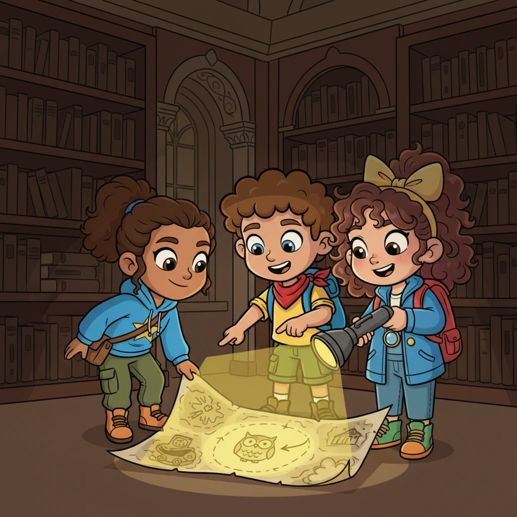 The friends huddled together, their heads bent over the map, a single flashlight beam illuminating its secrets. After much debate and a few false starts, Sam finally deciphered the first symbol, a grinning owl, pointing directly to the grand, old town library. Their hearts thumped with anticipation, a thrill of adventure sparking in their eyes.