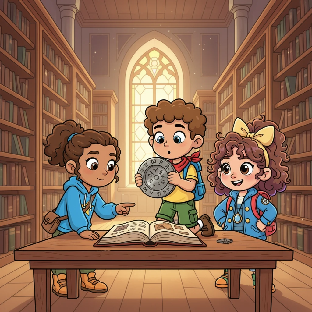 Inside the hushed, towering shelves of the library, the friends found an ancient, leather-bound book titled "Whisperwind Legends." Hidden within its hollowed-out cover was a cryptic riddle etched on a tarnished silver plate. The riddle spoke of a forgotten inventor and a secret invention, deepening the mystery surrounding their town's past.