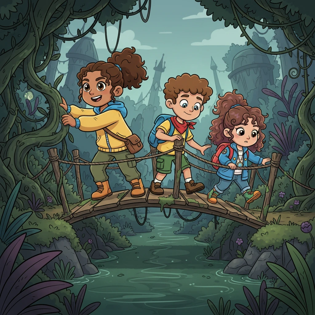The riddle led them to the edge of the abandoned botanical gardens, a place rumored to be enchanted and slightly spooky. Maya bravely led the way through a tangle of overgrown vines and thorny bushes, her bright yellow jacket a beacon in the dim light. They carefully navigated a rickety, moss-covered bridge that swayed precariously over a murky stream.