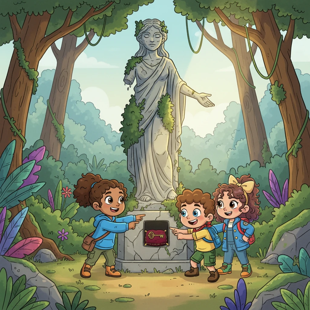 Deep within the neglected gardens, they discovered a grand, crumbling statue of the town's founder, Elara Whisperwind, almost swallowed by ivy. Behind its weathered pedestal, Leo noticed a loose stone that, with a collective push, revealed a hidden alcove. Inside, nestled on a velvet cushion, lay a small, beautifully ornate brass key, glinting in the faint sunlight.