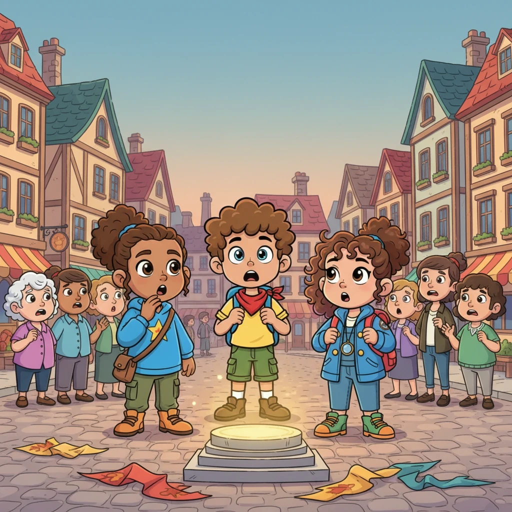 As they emerged from the gardens, a frantic buzz filled the town square – the legendary Sunstone, the heart of the annual Harvest Glow Festival, had vanished! Townspeople whispered nervously about the festival's cancellation, their faces etched with worry. The friends exchanged wide-eyed glances, realizing their map and the key might be linked to this sudden disappearance.