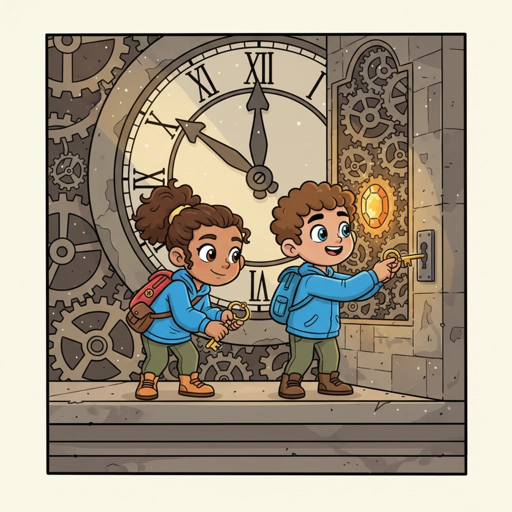 The final clue on the map, a swirling gear, led them to the town's majestic, old clock tower, its gears frozen in time. With trembling hands, Lily inserted the ornate key into a hidden lock behind the giant clock face. A section of the wall slowly slid open, revealing a dusty, intricate machine and, cradled within its gears, the magnificent, glowing Sunstone.