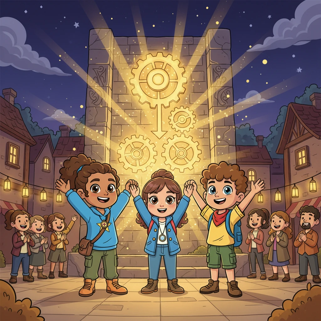 With a combined effort, the friends carefully followed Elara's instructions, reactivating the ancient mechanism. The Sunstone pulsed with renewed energy, casting a warm, golden glow throughout the tower and into the square below. They proudly presented their discovery, saving the Harvest Glow Festival and becoming the youngest, most celebrated heroes Whisperwind Town had ever known.