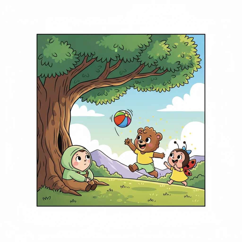 From under a big, leafy tree, Pip watched their friends, Barnaby the Bear and Lily the Ladybug, laughing and playing a lively game of catch. They were so vibrant and full of energy, their joy sparkling in the sunshine. Pip wished they felt that way too.