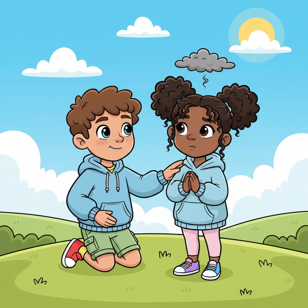 Barnaby, with his kind, knowing eyes, immediately stopped playing and knelt down to Pip's level. He listened patiently as Pip quietly explained the persistent grey cloud, not interrupting, just offering a warm, comforting presence. Barnaby gave Pip a gentle, reassuring pat.