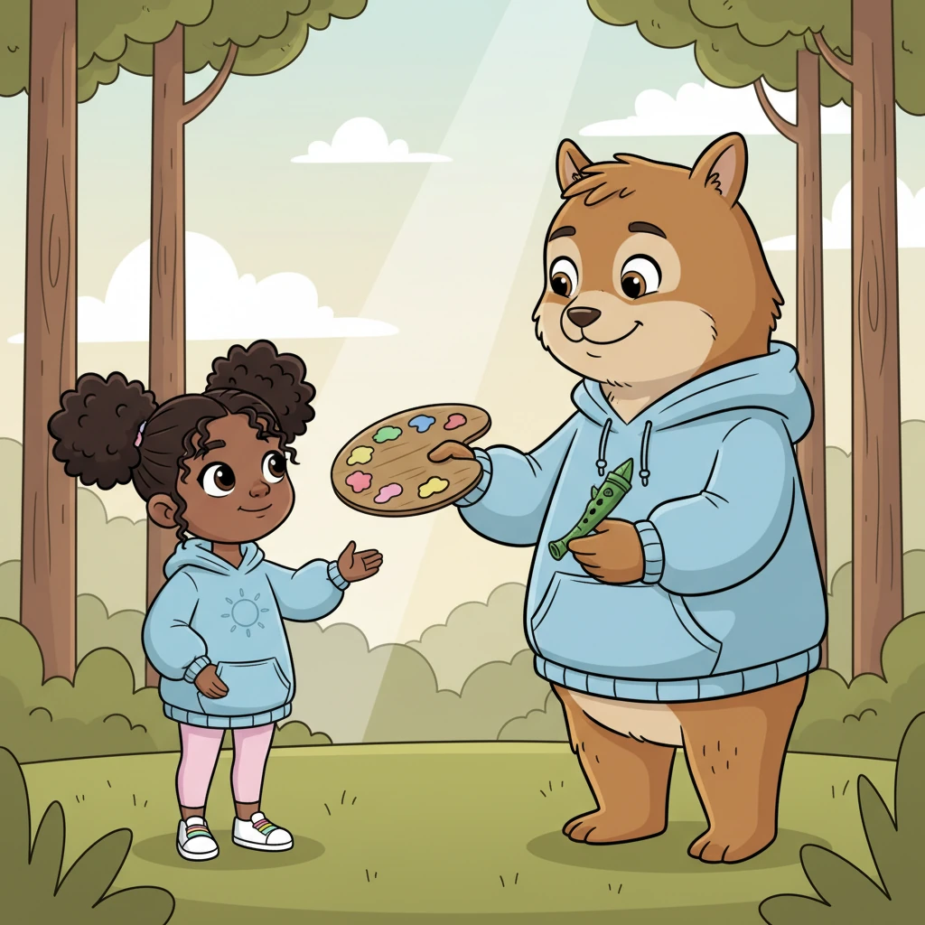 Barnaby suggested they could try some things together. "Sometimes," he rumbled gently, "a little splash of color or a happy melody helps chase the clouds away." He offered Pip some colorful paints or a little leaf-flute to play.