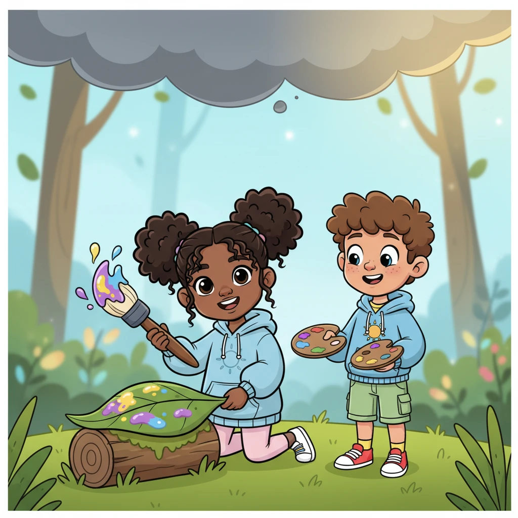 Pip chose the paints and, with Barnaby's encouragement, began to splash vibrant purples, sunny yellows, and cheerful blues onto a large leaf. As the colors swirled, a tiny corner of the grey cloud above Pip began to glow with a faint, happy hue, shrinking just a little.