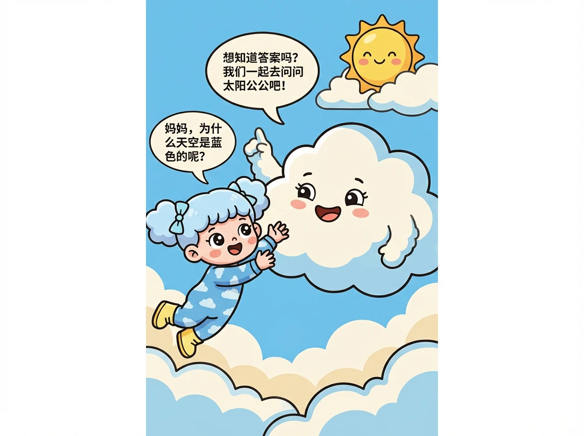 小云朵飞到云朵妈妈身边，问：“妈妈，为什么天空是蓝色的呢？”云朵妈妈笑着说：“想知道答案吗？我们一起去问问太阳公公吧！”