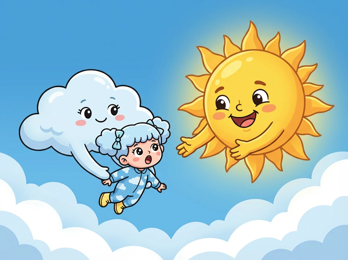 小云朵和云朵妈妈飞向太阳，太阳公公热情地迎接了她们。“太阳公公，天空为什么是蓝色的呀？”小云朵迫不及待地问。
