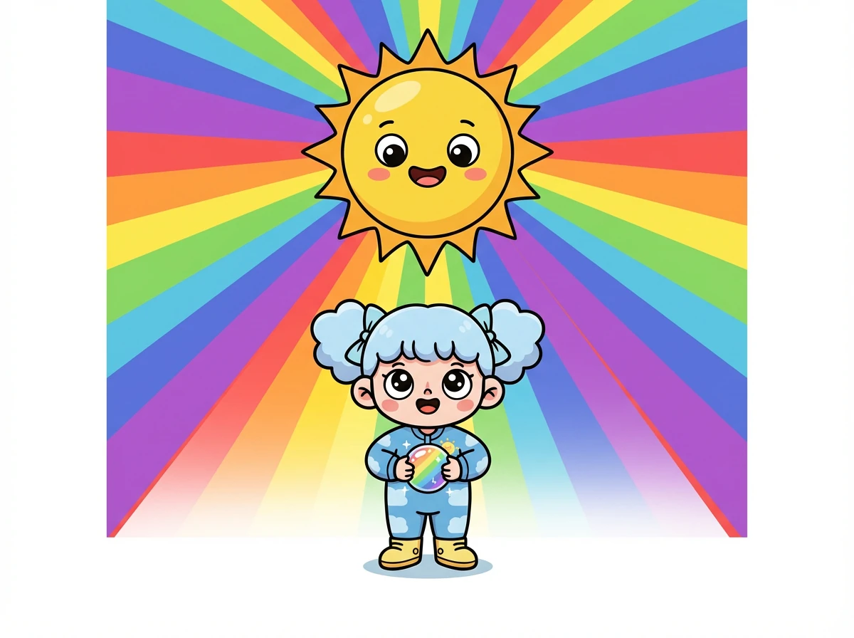 太阳公公说：“我发出的光线里，藏着各种各样的颜色，就像彩虹一样！”， 太阳公公展示着他五颜六色的光芒。