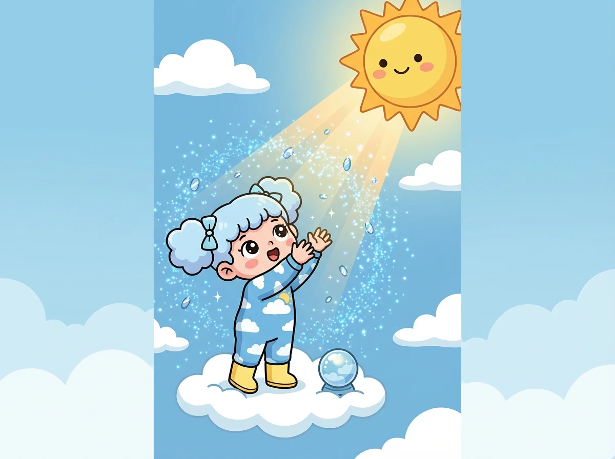 太阳公公接着说：“当我的光线穿过天空的时候，蓝色光线最容易被空气中的小颗粒散射开来，就像无数的小镜子一样，把蓝色光线反射到四面八方。”