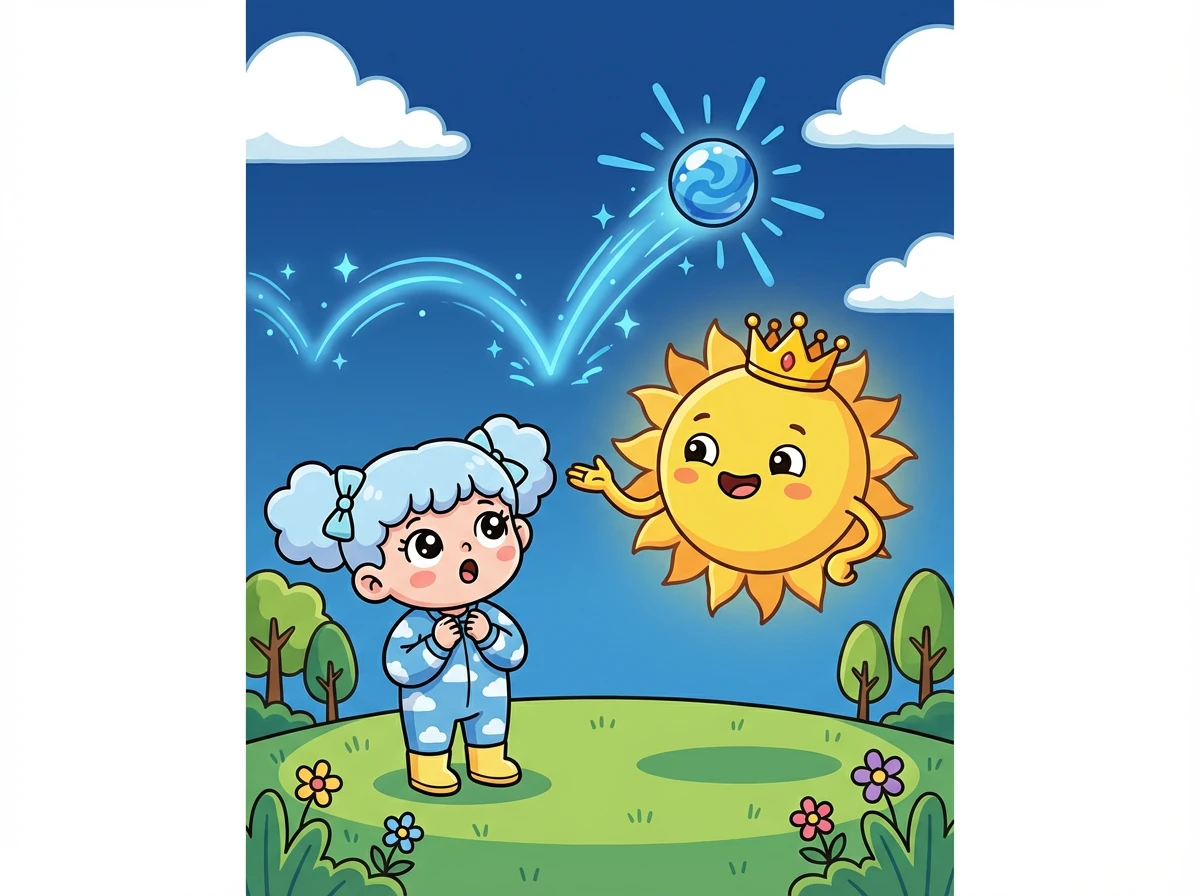 太阳公公比喻道：“这就好像你扔一颗弹珠，它会到处乱弹一样！所以，我们看到的天空就是蓝色的啦！”