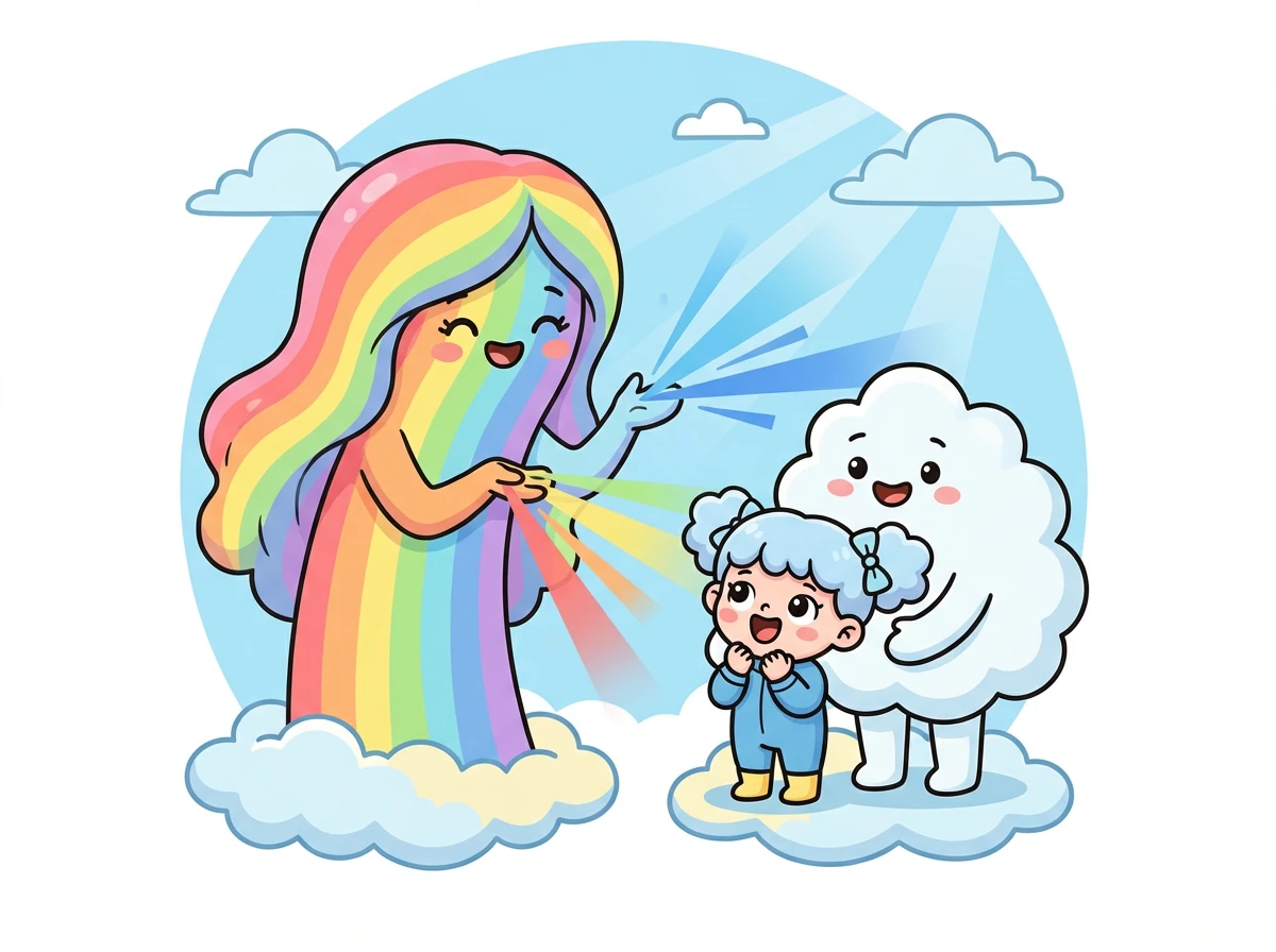 小云朵和云朵妈妈找到了美丽的彩虹姐姐，彩虹姐姐耐心地解释了不同颜色光线的特性，蓝色光更容易散射。