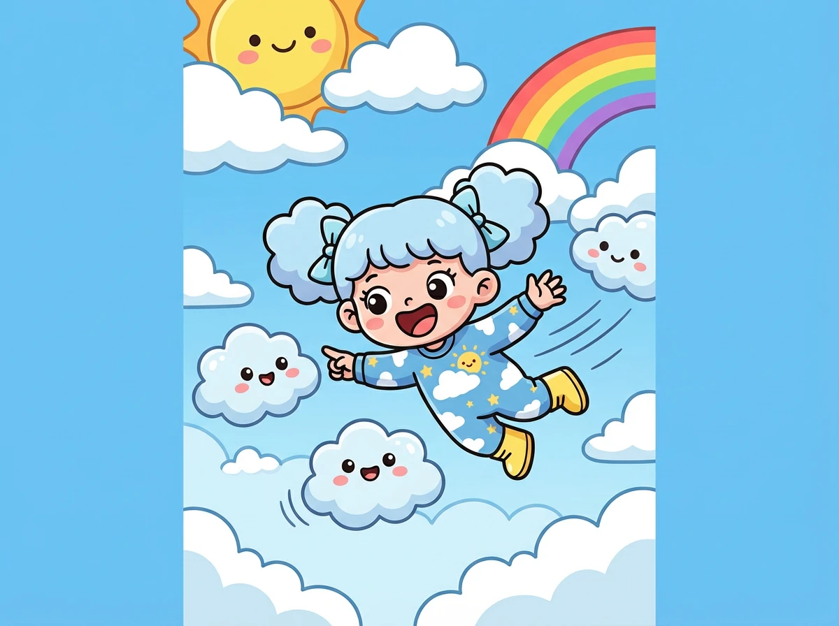 经过太阳公公和彩虹姐姐的讲解，小云朵终于明白了天空为什么是蓝色的。她兴奋地飞来飞去，告诉其他小云朵这个有趣的秘密。