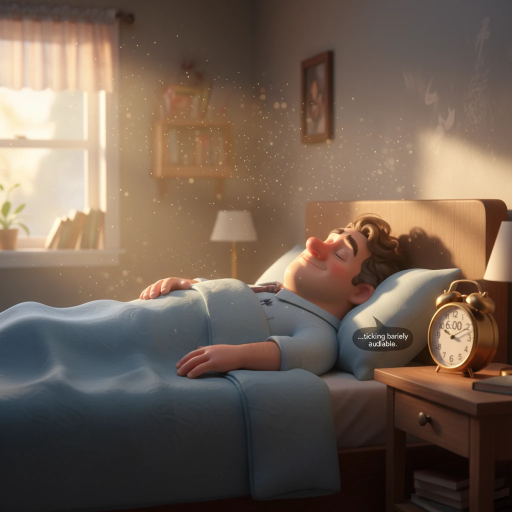 Lukas, a man with a friendly, slightly sleepy face and tousled brown hair, slowly opens his eyes. Sunlight, soft and golden, streams through a window,