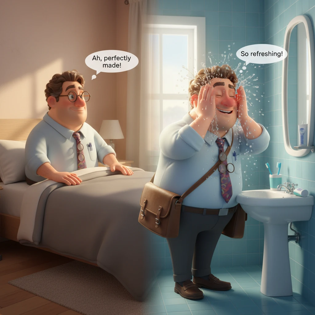 With a soft sigh, Lukas meticulously smooths his duvet and plumps his pillows, leaving his bed perfectly made. He then moves to a brightly lit bathroo