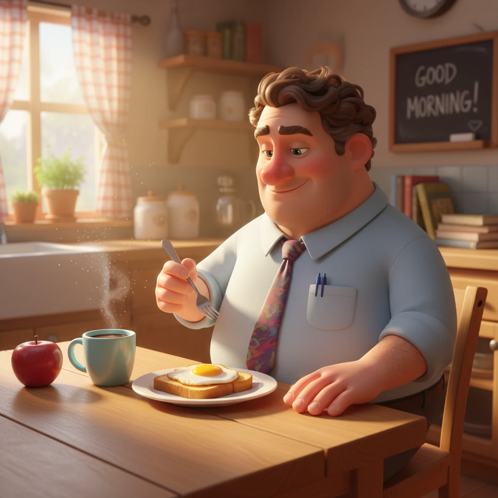 In his charming, sun-drenched kitchen, Lukas enjoys a simple yet satisfying breakfast. A slice of golden-brown toast with a perfectly fried egg sits o