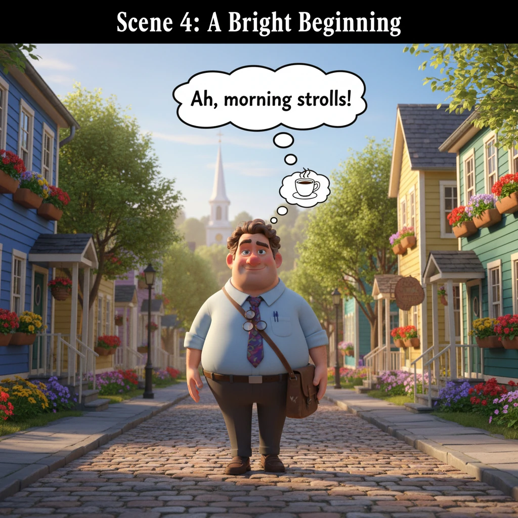 Lukas steps out into the crisp morning air of his small town, a contented smile on his face as he walks along a tree-lined street. Quaint houses with