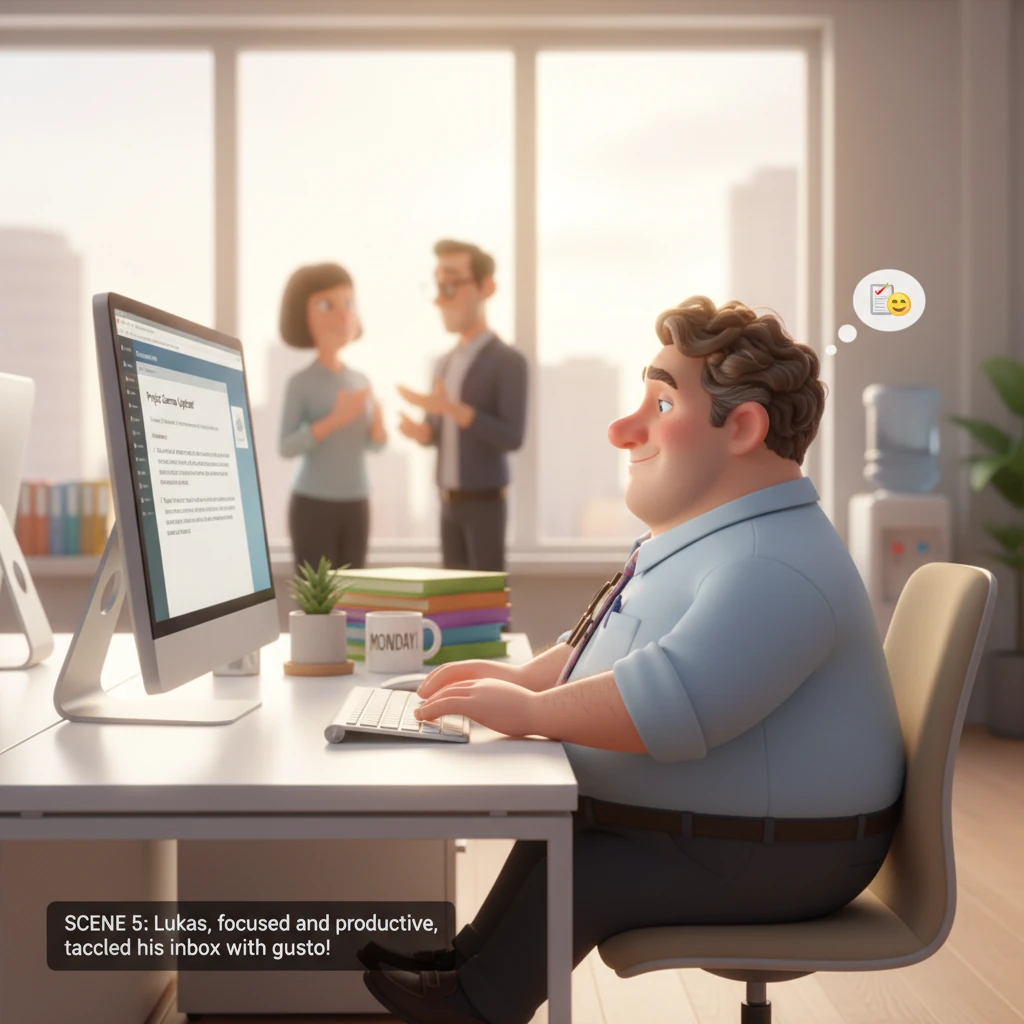 Lukas sits at his clean, organized desk in a modern, yet inviting office space, his fingers busily typing on a computer keyboard. His monitor displays