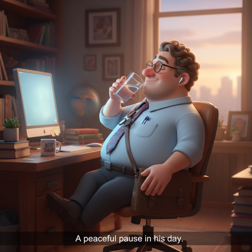 At his desk, Lukas takes a moment to unwind, sipping from a clear glass of water. He leans back slightly, eyes closed, a small smile playing on his li