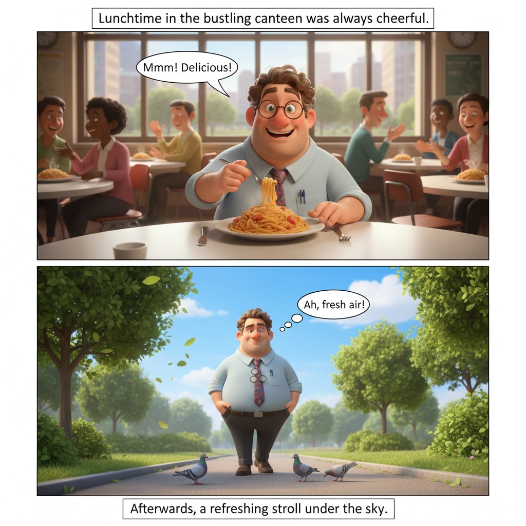 In the bustling office canteen, Lukas enjoys a plate of steaming pasta, surrounded by the cheerful chatter of colleagues. Afterwards, he steps outside