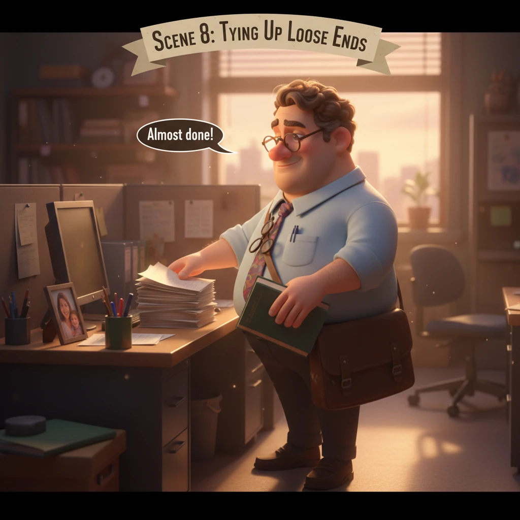 Back at his desk, Lukas continues his work with focused determination, the afternoon light casting longer shadows across the office. As 5 PM approache