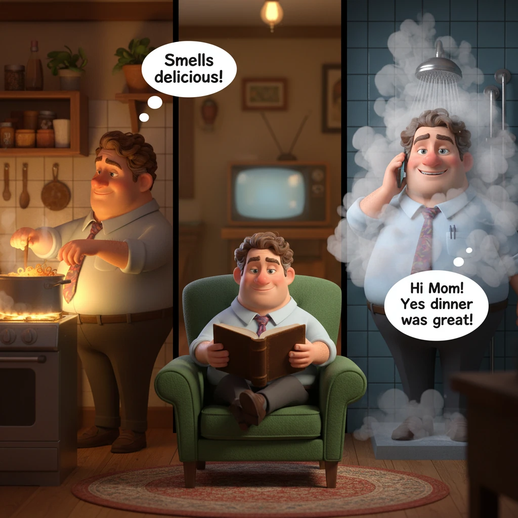 At home, Lukas prepares a simple, comforting meal in his cozy kitchen, the warm glow of the stove illuminating his focused expression. After eating, h