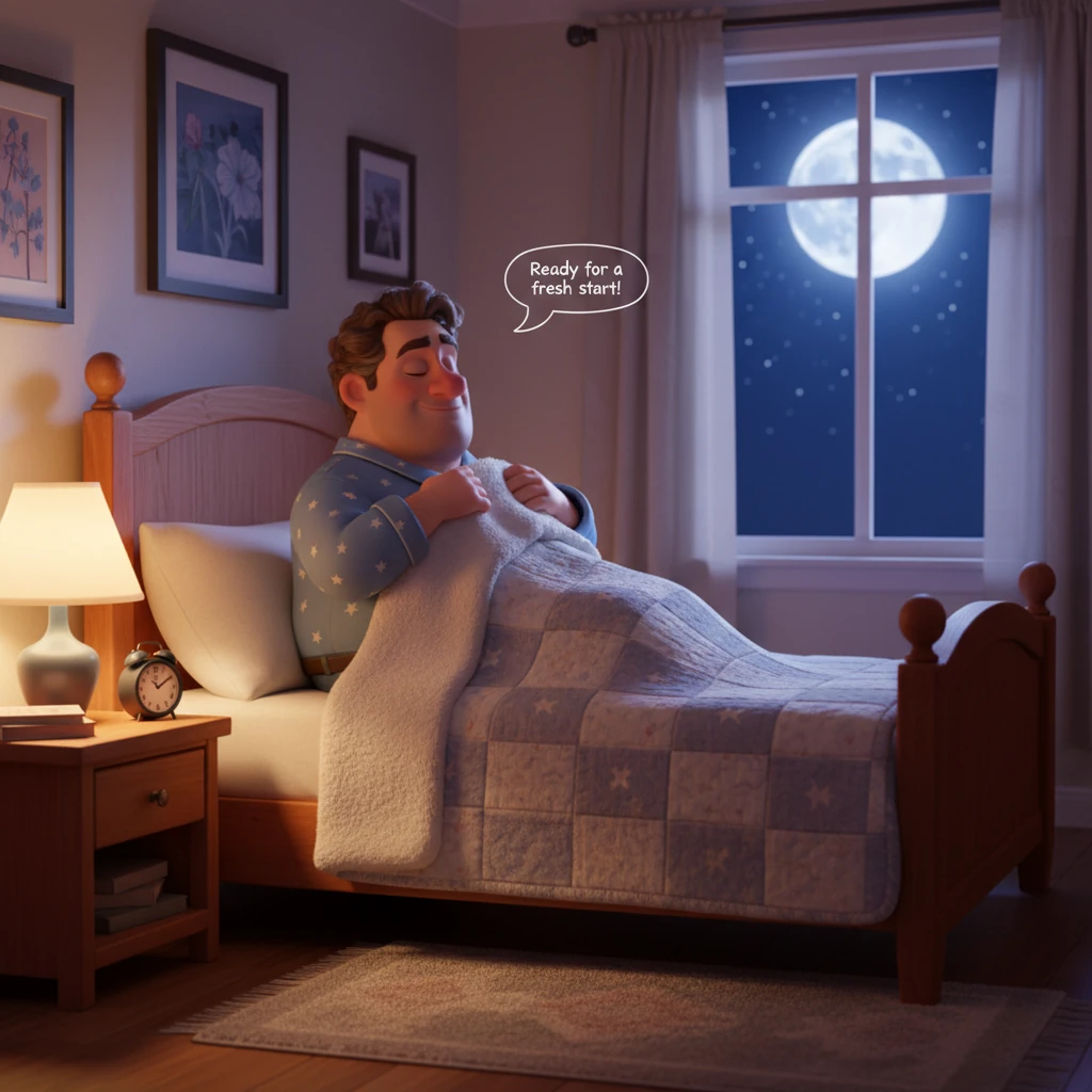 As the clock ticks towards 10 PM, Lukas, now in comfortable pajamas, settles into his neatly made bed, a soft lamp casting a warm glow. He pulls the d