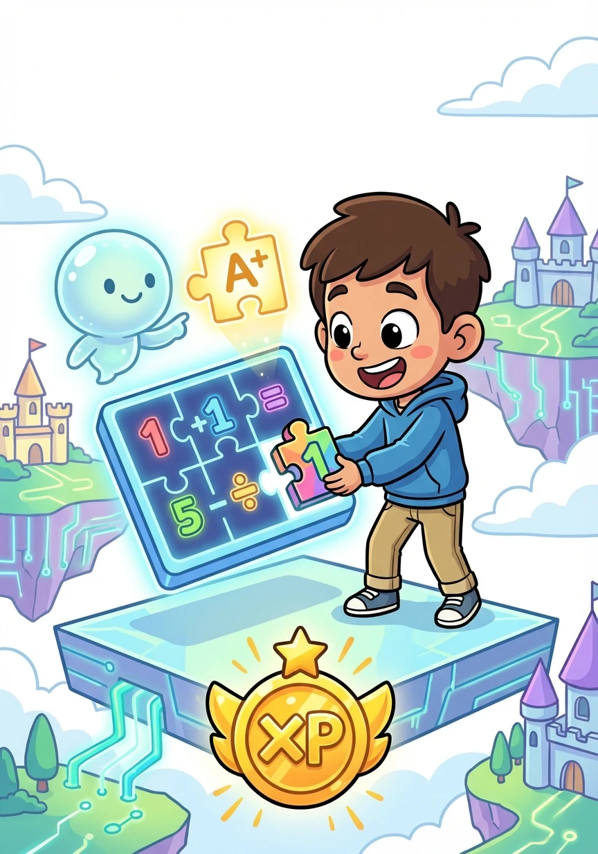 Na primeira missão, Rafa precisa resolver um problema de matemática para salvar um reino virtual. Com a ajuda do assistente de IA, ele encontra a solução e ganha XP e um badge de herói.