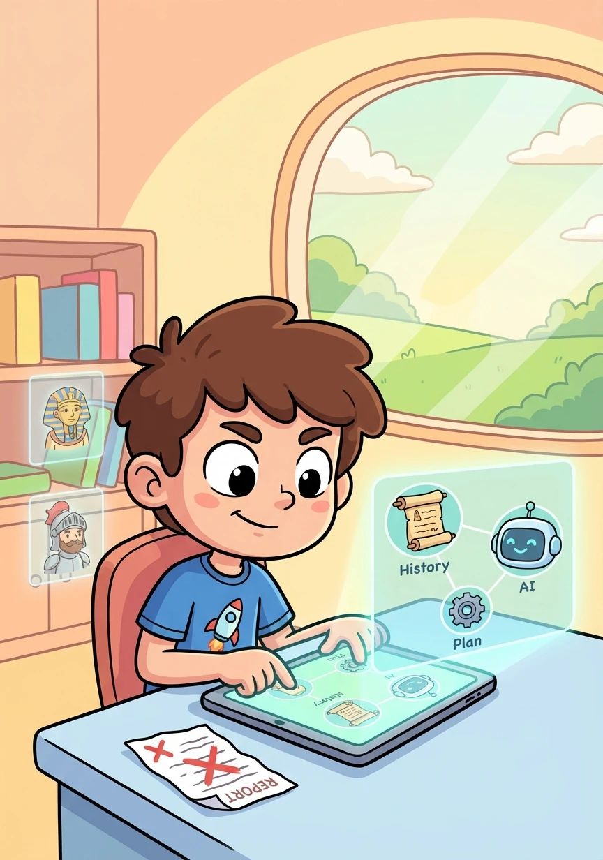 Rafa enfrenta um grande desafio: um relatório de desempenho mostra que ele precisa melhorar em história. Ele usa o Prodigy AI para criar um plano de estudos personalizado.