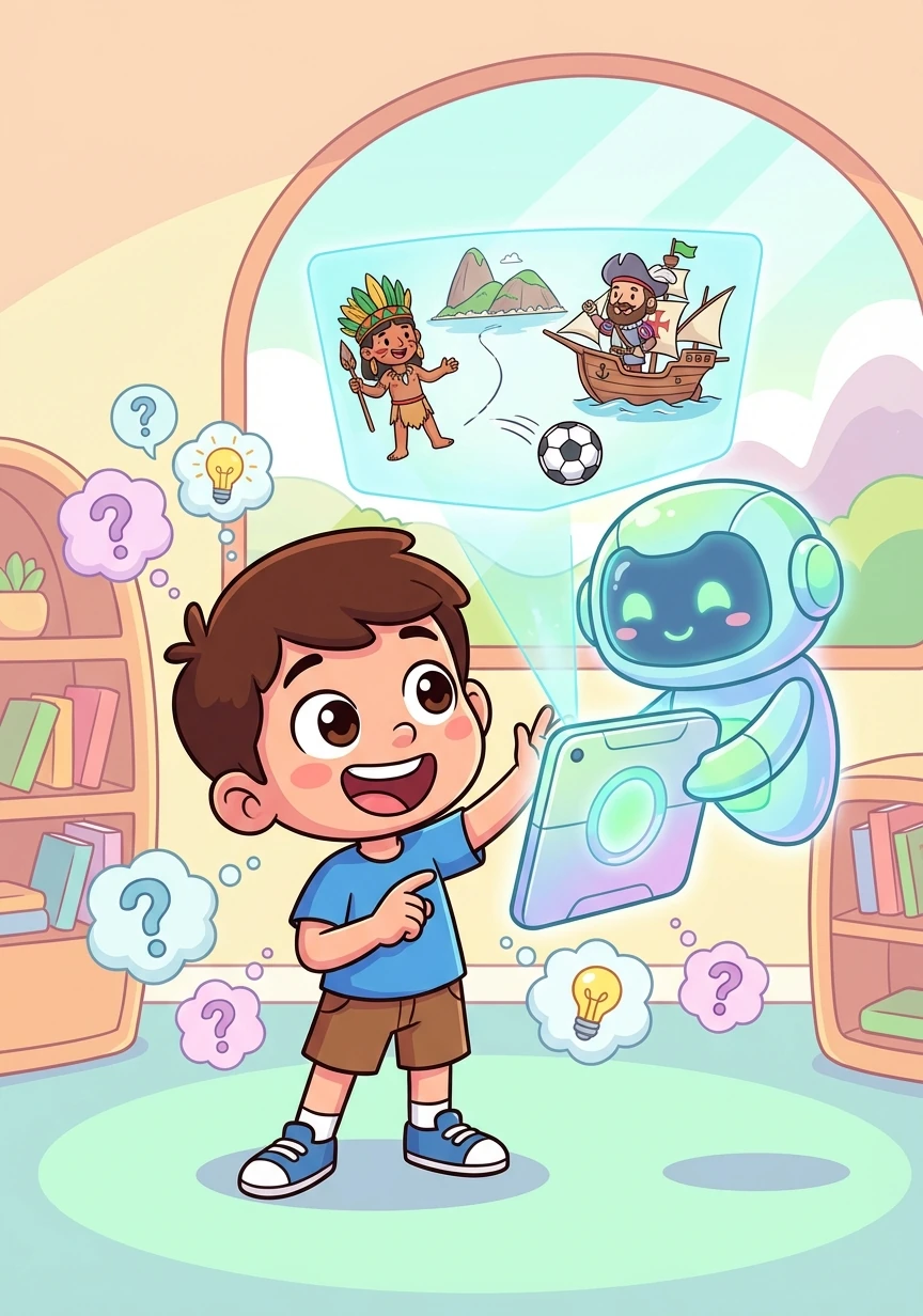 Com a ajuda do Prodigy AI, Rafa aprende sobre a história do Brasil de forma interativa e divertida. Ele descobre curiosidades e fatos interessantes que o motivam a estudar mais.