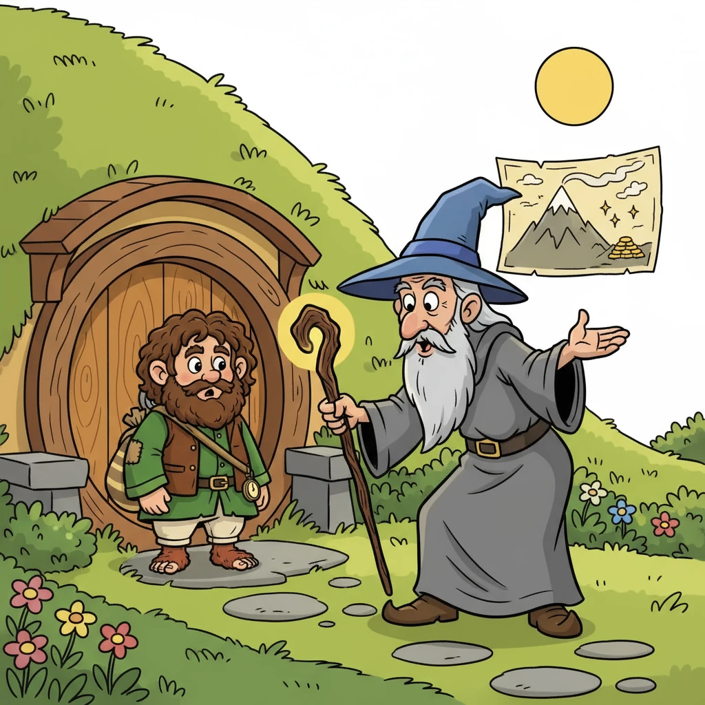 One sunny morning, Gandalf the wizard arrived, his staff tapping on Bramble's door. He spoke of an adventure, a quest to reclaim treasure from a fearsome dragon. Bramble, initially hesitant, was soon persuaded, his curiosity piqued by the promise of excitement.