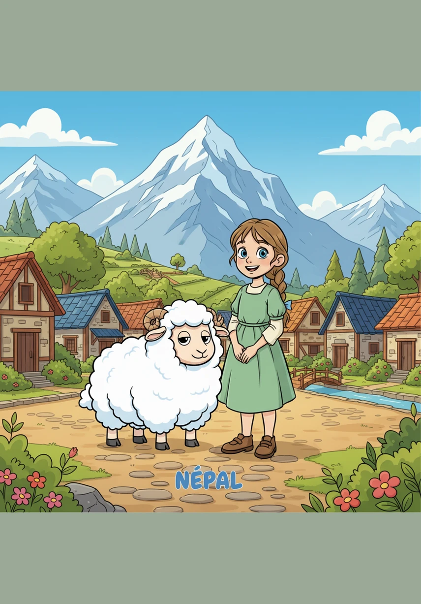 Lila habite dans un petit village paisible niché au pied de grandes montagnes verdoyantes. Elle est toujours accompagnée de son meilleur ami Népal, un petit mouton à la laine aussi douce que les nuages du matin.