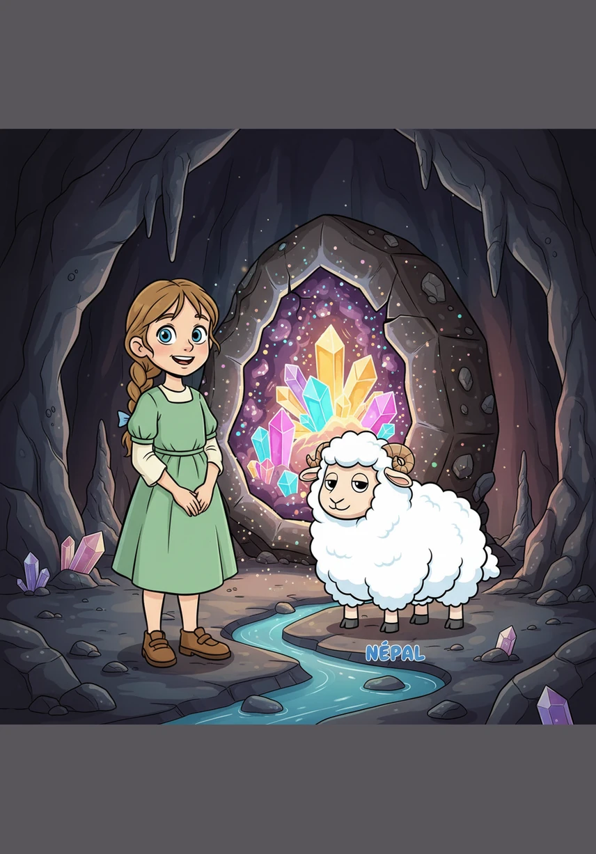 À l'intérieur de la grotte, ils découvrent une fontaine étincelante dont l'eau possède un pouvoir extraordinaire. Sous leurs yeux émerveillés, des fleurs multicolores poussent instantanément dès qu'une goutte d'eau touche le sol.