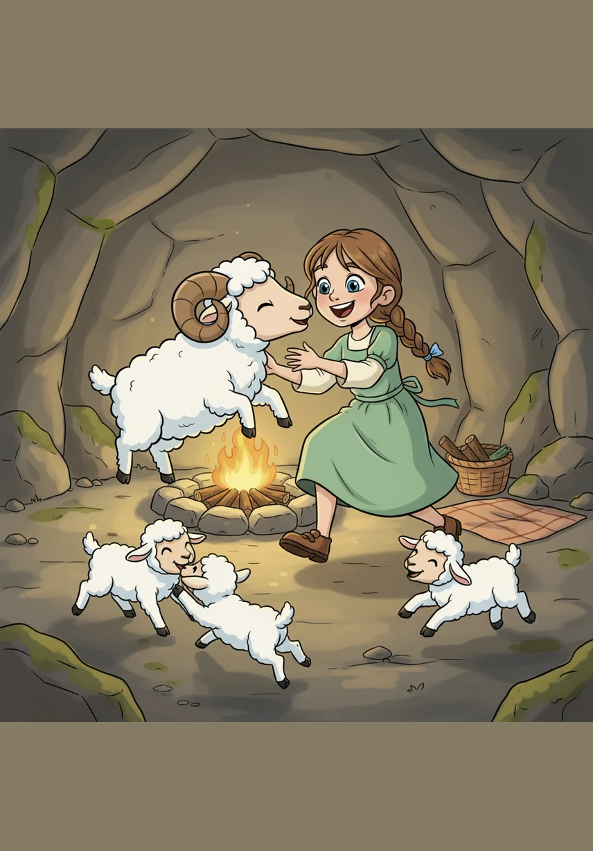 Lila ramasse une poignée de pétales magiques et les lance joyeusement vers son ami. Népal bondit de bonheur dans la grotte, tandis que le rire cristallin de la petite fille résonne contre les parois de pierre.