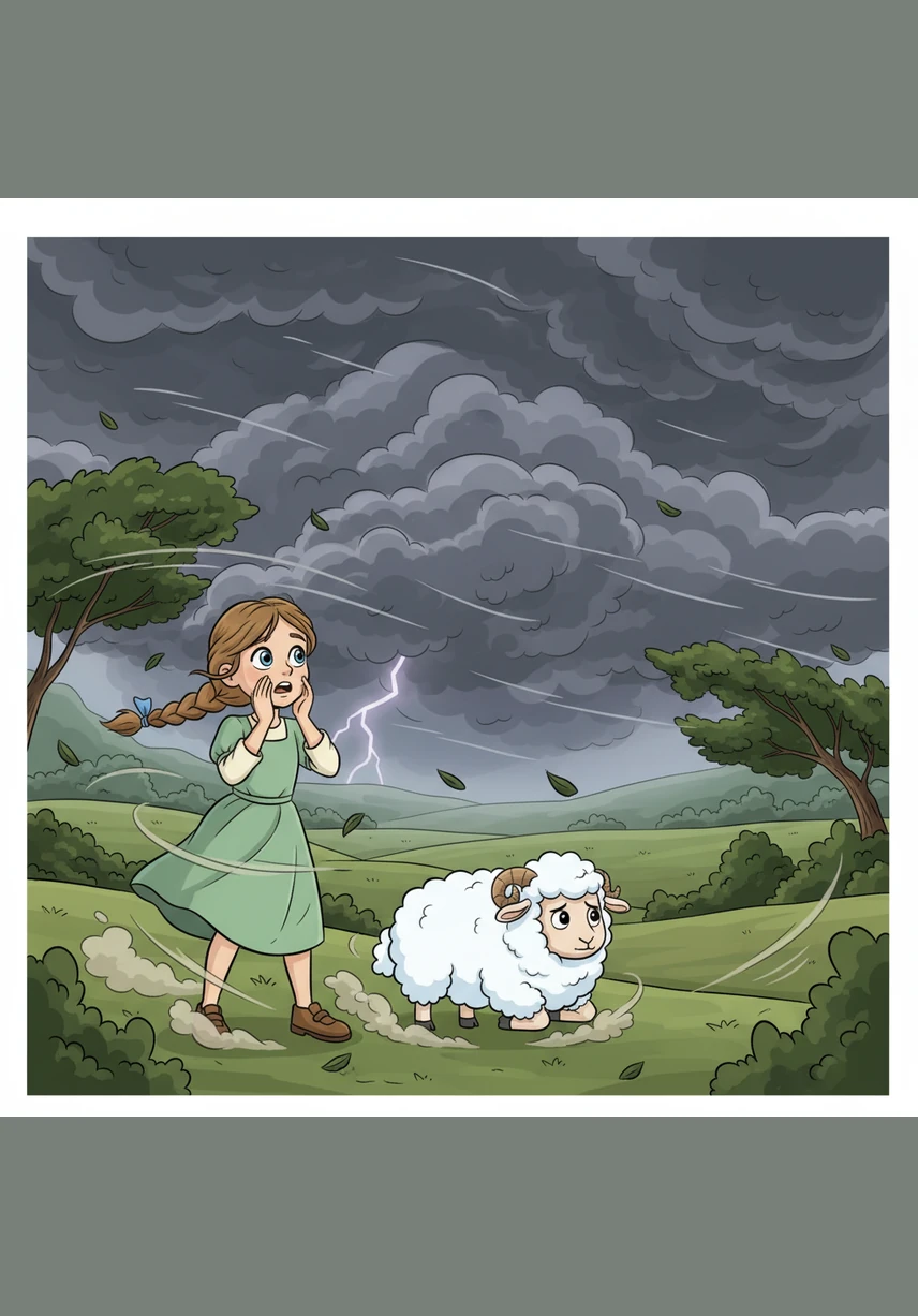 Soudain, le ciel s'assombrit et de gros nuages gris envahissent l'horizon. Un vent puissant commence à souffler, annonçant l'arrivée imminente d'un orage menaçant sur la vallée.