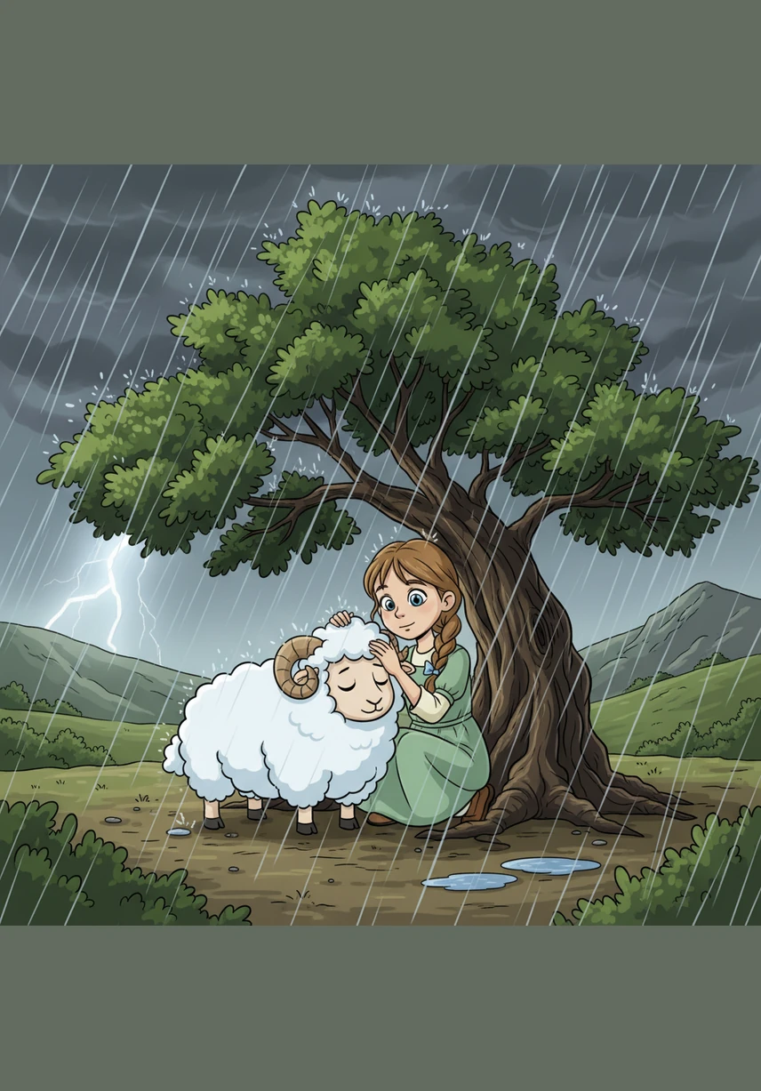 Ils trouvent rapidement refuge sous les branches protectrices d'un chêne centenaire aux racines profondes. Bien à l'abri des gouttes, Lila et son mouton attendent patiemment que la tempête se calme, unis par leur amitié.