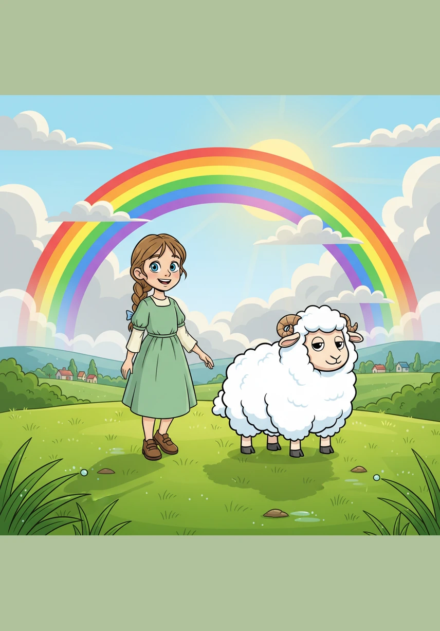 Le soleil finit par percer les nuages et un magnifique arc-en-ciel illumine le ciel lavé par la pluie. Lila et Népal reprennent le chemin du village, marchant sur l'herbe fraîche sous les couleurs éclatantes de l'horizon.